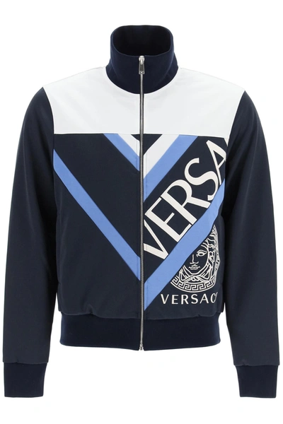 Versace Logo-print Zip-fastening Sweatshirt In Blue,light Blue