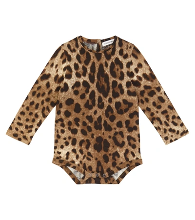 Dolce & Gabbana Baby Leopard-print Cotton Bodysuit In Brown