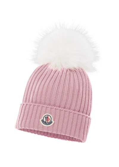 Moncler Kid's Ribbed Knit Beanie Hat W/ Faux-fur Pompom In Pastel Pink