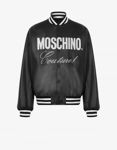 Moschino Couture Logo Leather Bomber Jacket In Black