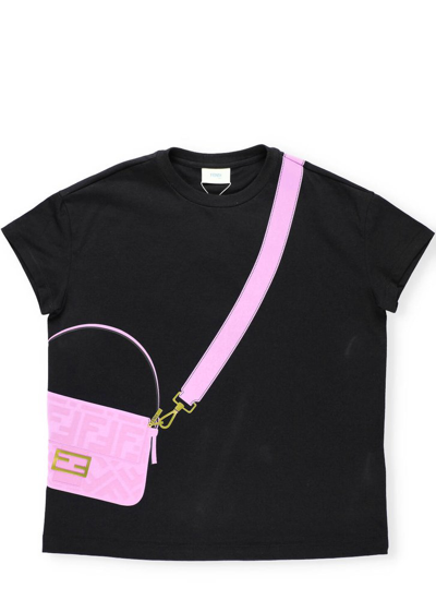 Fendi Kids' Black T-shirt For Girl With Purple Bag