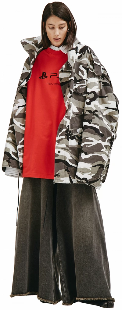 Balenciaga Off-shoulder Camouflage-print Military Parka In Grey