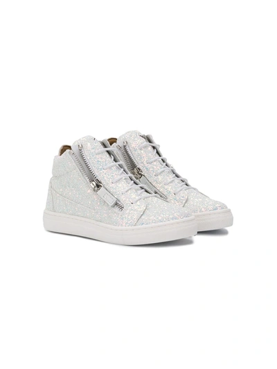 Giuseppe Junior Kids' Glitter Lace-up Sneakers In White
