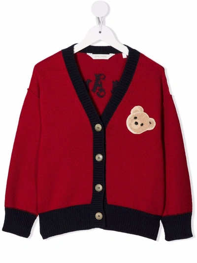Palm Angels Kids' Teddy-patch Logo-intarsia Cardigan In Red