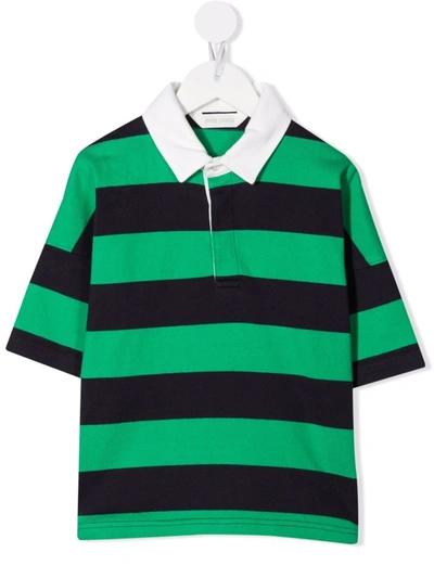 Palm Angels Kids' Boy's Logo Striped Polo Shirt In Green White