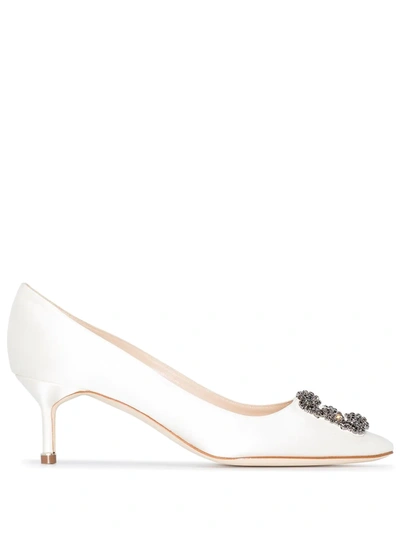 Manolo Blahnik Hangisi 50 Buckle-embellished Satin Courts In Weiss