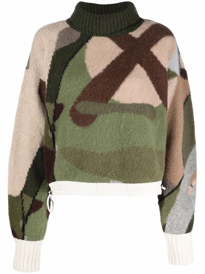 Sacai + Kaws Cropped Shell-trimmed Jacquard-knit Wool Turtleneck Sweater In Camouflage