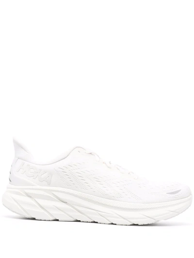 Hoka One One White Clifton Sneakers In Mix Of Materials In White / White