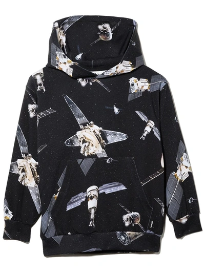 Molo Kids' Spaceships Satellites Hooded Sweatshirt In Black