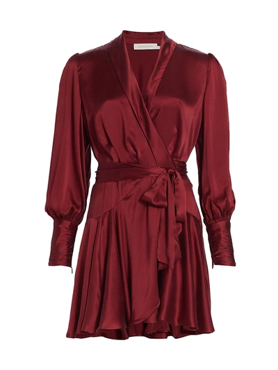 Zimmermann Satin Silk Wrap Mini Dress In Berry