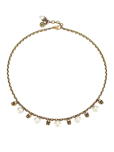 Alexander Mcqueen Skull-detail Pearl-embellished Necklace In Gold