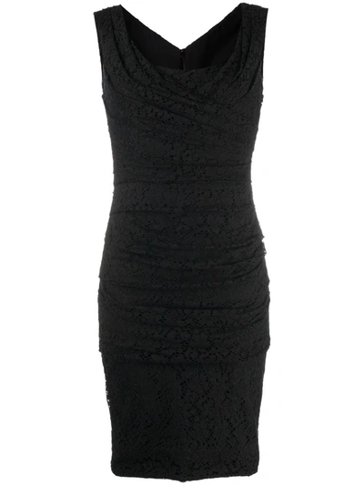 Pre-owned Dolce & Gabbana Floral-lace Draped Fitted Dress In Black