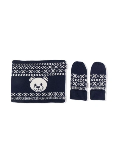 Moschino Kids' Wool-blend Knitted Scarf Set In Blue