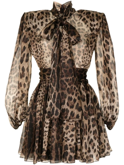 Dolce & Gabbana Pussy-bow Leopard-print Silk-blend Organza Mini Dress In Multicoloured