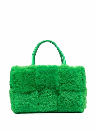 Bottega Veneta Arco Small Leather-trimmed Intrecciato Shearling Tote In Green