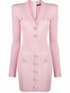 Balmain Button-detail Ribbed Knit Mini Dress In Pink