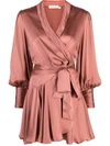 Zimmermann Belted Washed Silk-satin Mini Wrap Dress In Pink