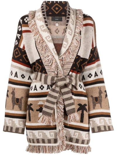 Alanui The Long Way To Ushuaia Belted Fringed Cashmere-blend Jacquard Cardigan In Brown,beige