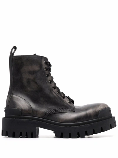 Balenciaga Strike Leather Lace-up Boots In Black