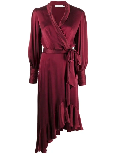 Zimmermann Asymmetric Ruffled Silk-satin Wrap Dress In Red