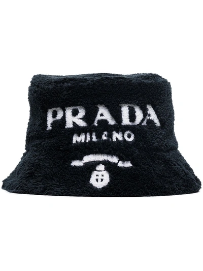 Prada Logo Terry Cloth Bucket Hat In Black