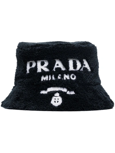 Prada Logo Terry Cloth Bucket Hat In Black | ModeSens display picture 1