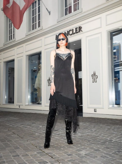 Vetements Asymmetric Lace-trimmed Satin Dress In Black