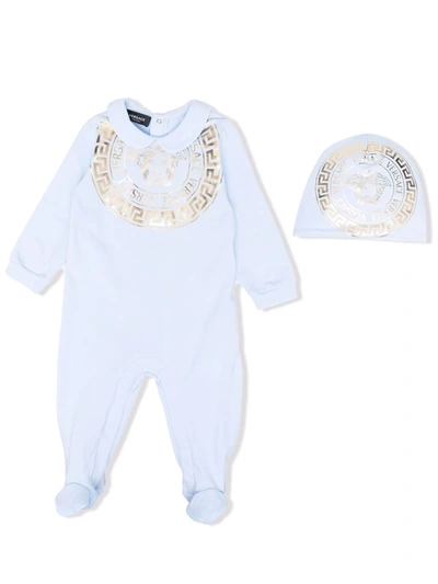 Versace Babies' Greca-print Long-sleeved Romper In 蓝色