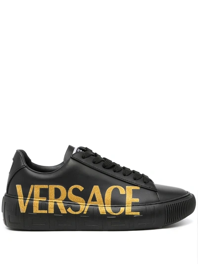 Versace Kid's Logo Leather Greca Low-top Sneakers In Black Gold