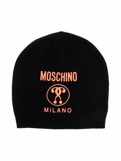 Moschino Kids' Double Question Mark Knit Beanie In Black