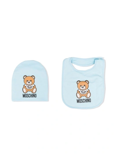Moschino Babies' Toy Bear Beanie And Bib Set In Blue