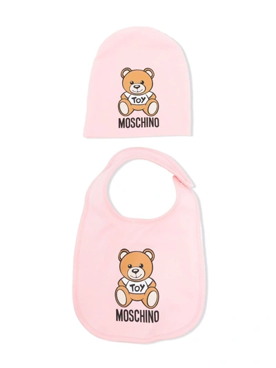 Moschino Babies' Kids Teddy Bear Hat And Bib Set In Pink
