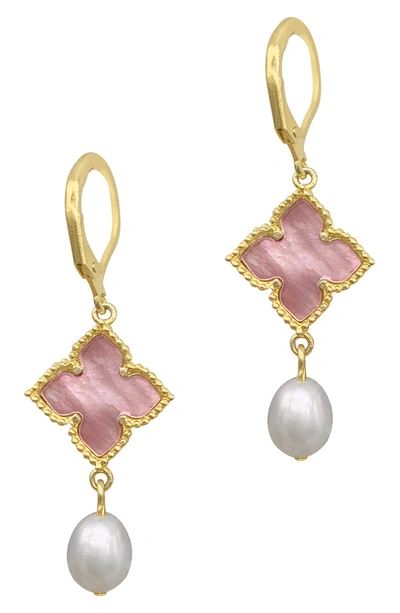 Adornia 14k Yellow Gold Vermeil Floral And 10mm Cultured Pearl Drop Earrings In Pink