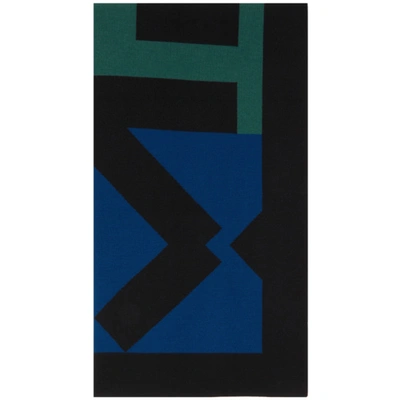 Kenzo Green & Blue Wool Sport Scarf In Black