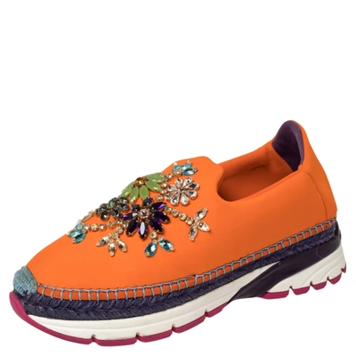 Pre-owned Dolce & Gabbana Orange Neoprene Barcelona Embellished Slip On Sneakers Size 38