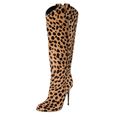 Pre-owned Tom Ford Beige/brown Leopard Print Calf Hair Knee Length Boots Size 37