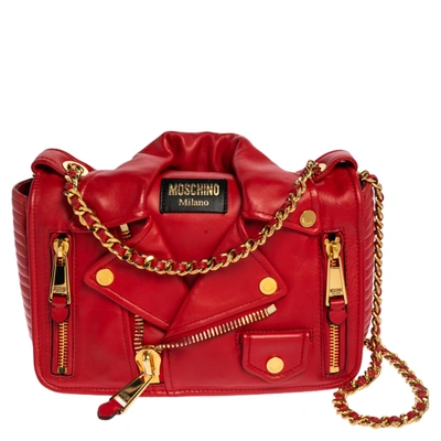 Pre-owned Moschino Red Leather Capsule Biker Jacket Shoulder Bag