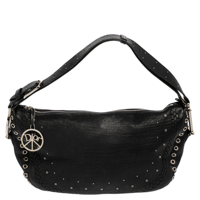 Pre-owned Dior Black Studded Leather Peace And Love Hobo