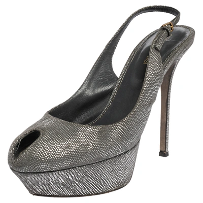 Pre-owned Sergio Rossi Grey/silver Suede Cachet Peep Toe Platform Slingback Sandals Size 37.5