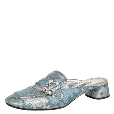 Pre-owned Prada Blue/silver Brocade Fabric And Leather Crystal Buckle Mules Sandals Size 39.5
