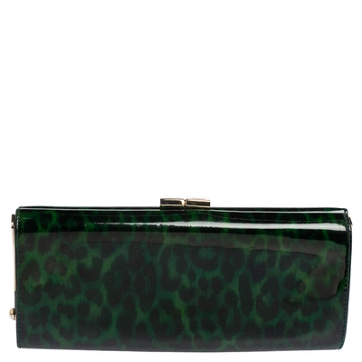 Pre-owned Jimmy Choo Green/black Leopard Print Patent Leather Twill Tube Clutch