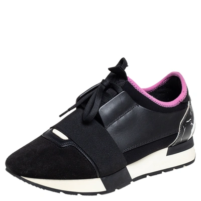 Pre-owned Balenciaga Black/pink Leather And Suede Race Runner Sneakers Size 38
