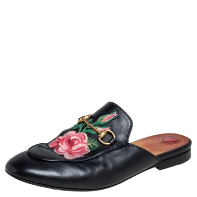 Pre-owned Gucci Black Floral Embroidered Leather Horsebit Princetown Flat Mules Size 36.5