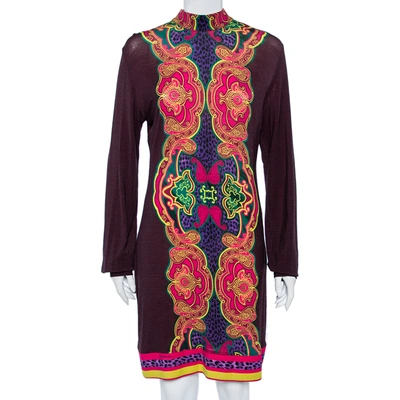Pre-owned Just Cavalli Brown Printed Wool Knit Shift Dress L