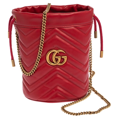 Pre-owned Gucci Red Matelass&eacute; Leather Mini Gg Marmont Bucket Bag