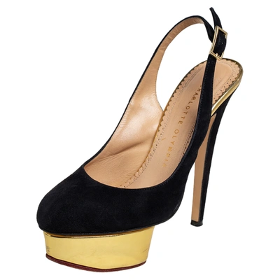 Pre-owned Charlotte Olympia Black Suede Dolly Slingback Pumps Size 36