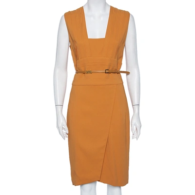 Pre-owned Elie Saab Camel Brown Crepe Pleated Detail Belted Sleeveless Dress S