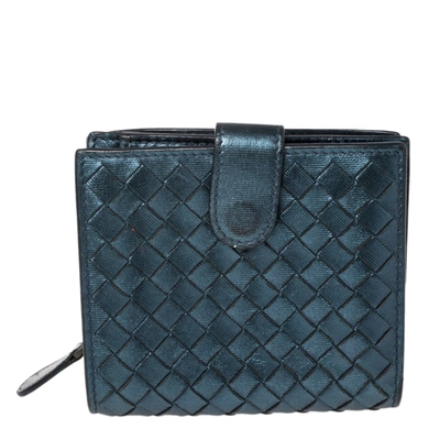 Pre-owned Bottega Veneta Metallic Blue Intrecciato Leather Compact Wallet