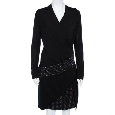 Pre-owned Roberto Cavalli Black Knit Metal Embellished Detail Faux Wrap Dress L