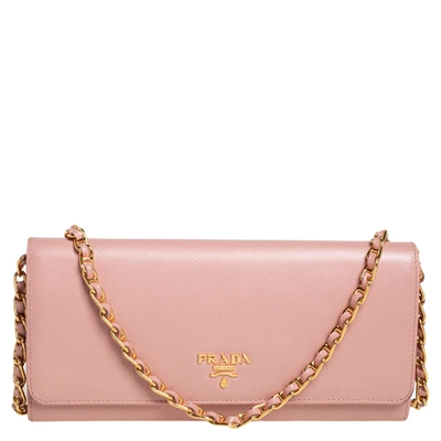 Pre-owned Prada Pink Saffiano Lux Leather Wallet On Chain